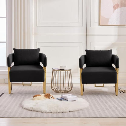 YISHENG Modern Barrel Accent Chairs Set of 2, Living Room Side Chairs with Golden Metal Legs Velvet Upholstered Reading Armchairs no Wheels for Vanity/Reception Room//Bedroom/Lounge/Office, Black