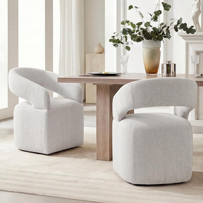 KISLOT Upholstered Dining Chairs Set of 4, Modern Arm Kitchen & Dining Room Chairs with Hidden Casters, Linen Fabric Padded Rolling Chairs, Sturdy Wood Frame, 300 lbs Capacity, Light Linen