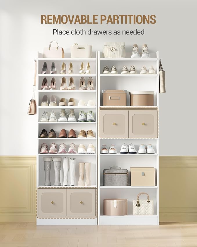 Hzuaneri Shoe Storage Cabinet, 10 Tiers Shoe Cabinet with 2 Cloth Drawers, Wooden Freestanding Shoes Organizer with 2 Hooks, 30-35 Pairs, Shoes Cubby Organizer for Entryway, White SR56303MI