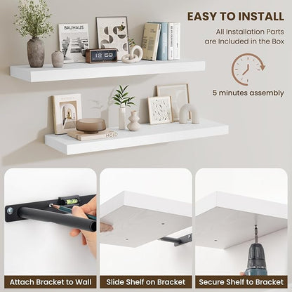 Fun Memories Floating Shelves for Wall, 32 Inch Long Floating Shelves Set of 2, 32 x 10 Wooden Shelves for Wall, Large Storage Shelves, Hanging Shelves for Bathroom Kitchen Bedroom, White