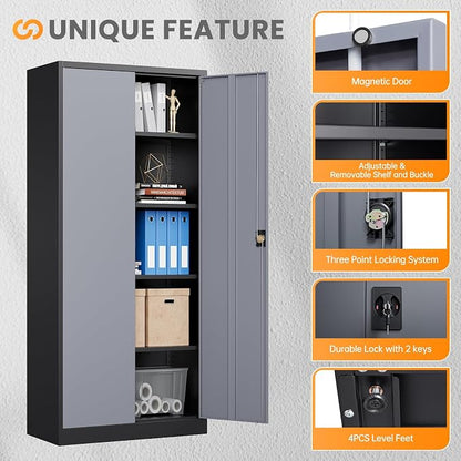 Metal Garage Storage Cabinets with Lock, 72" Tall Tool Cabinet with 2 Door and 4 Adjustable Shelves, Locking Garage Cabinets and Lockable Steel Locker for Home Office Warehouse-(Black Gray-72”H)