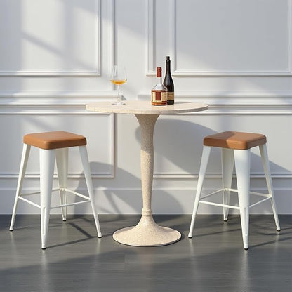 Bar Stools Set of 4, 30" Bar Height Bar Stools Backless, Upholstered Bar Stools with Brown Seat and White Metal Legs for Kitchen Island, Study Room, Cafe