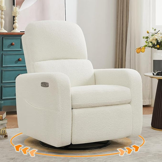 Power Swivel Rocker Recliner, Oversized Boucle Nursery Glider Recliner, Teddy Swivel Rocking Reclining Chair with Removable Cushion and Lumbar Support for Nursery Living Room Bedroom, White