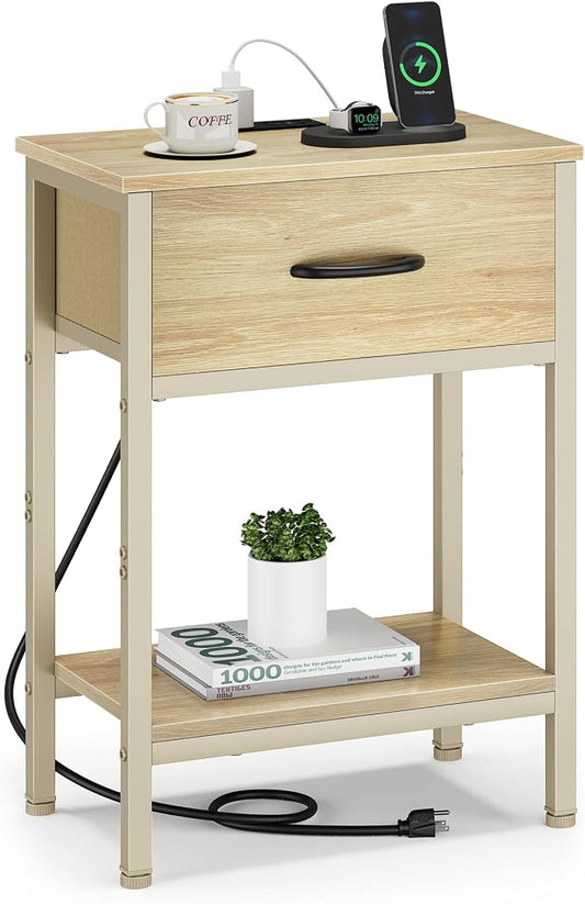 Vagusicc Nightstand with Charging Station, End Table with Fabric Drawer, Small Side Table with 2-Tier Storage Shelves, 25.4" Tall Night Stand, Bedside Table for Bedroom, Living Room, Dorm, Natural