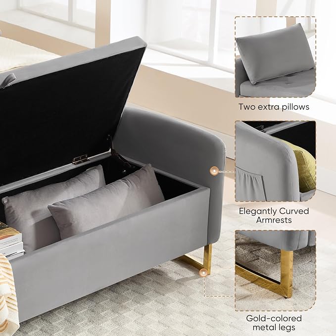 65" End of Bed Storage Bench, Storage Bench for Bedroom with Tufted Button Upholstered and Gold Legs, Ottoman Bedroom Benches with Armrests for Living Room Window, Light Grey