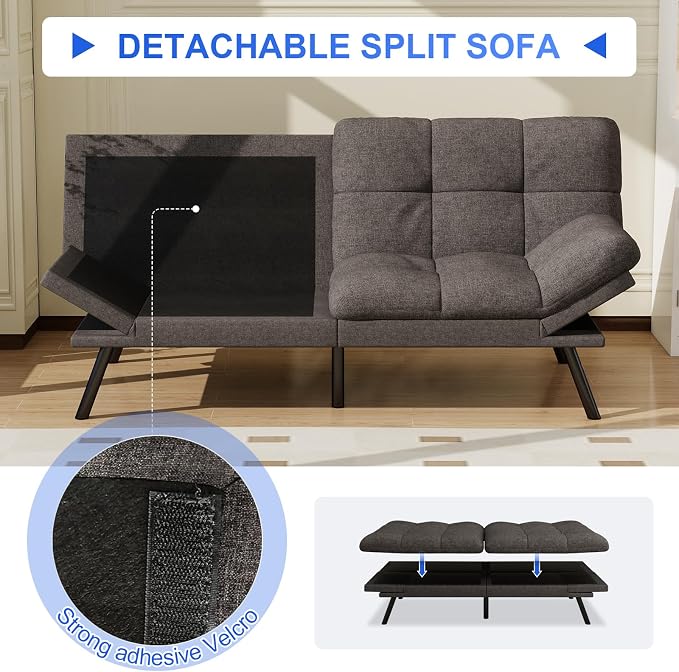 Vipbear 71" Futon Sofa Bed - Convertible Sofa Beds/Adjustable Backrest & Armrest,Detachable Cushion, Loveseat Sleeper for Small Spaces, Apartments & Offices, Grey Futons