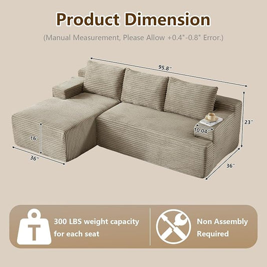 96.1" Modular Sectional Sofa Couches L-Shape Couch 3 Seat Modular Sofa Corduroy Memory Foam Sectional Boneless Couches for Living Room, Cloud Couch with Oversized Chaise(Camel, Left Facing)
