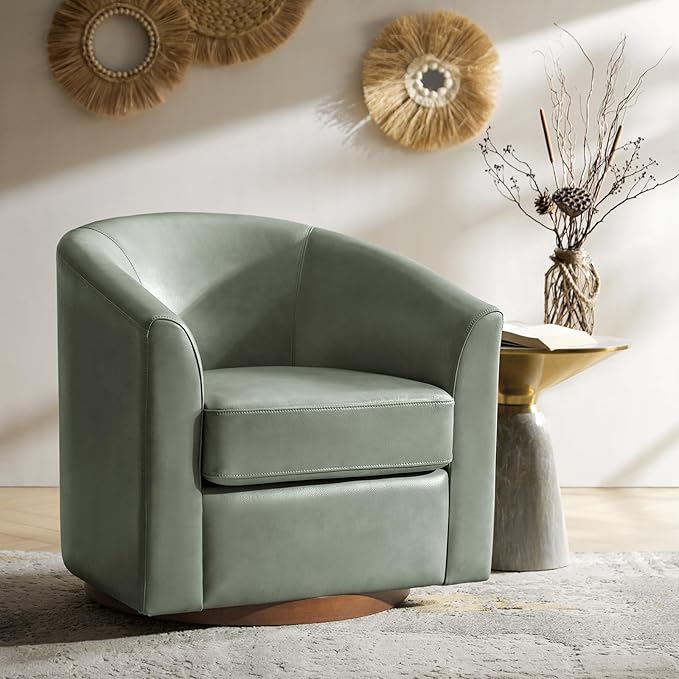HULALA HOME Genuine Leather Swivel Barrel Chair, Round Swivel Accent Chair with Solid Wood Base, No Assembly Required, Sage
