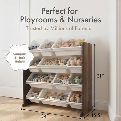 Humble Crew Toy Storage Organizer with 12 Removable Storage Bins for Kids Playroom, 4-Tier Toddler Toy Organization, Espresso/White