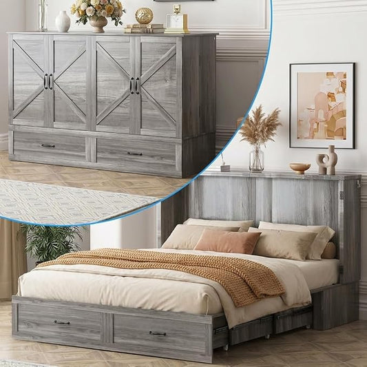 PUREMIND Queen Size Murphy Bed with Mattress, Wood Frame Cabinet Beds with Charging Station & Storage Drawers, Space Saving Hideaway Cabinet Bed for Guest Room, Home Office, Apartment, Grey