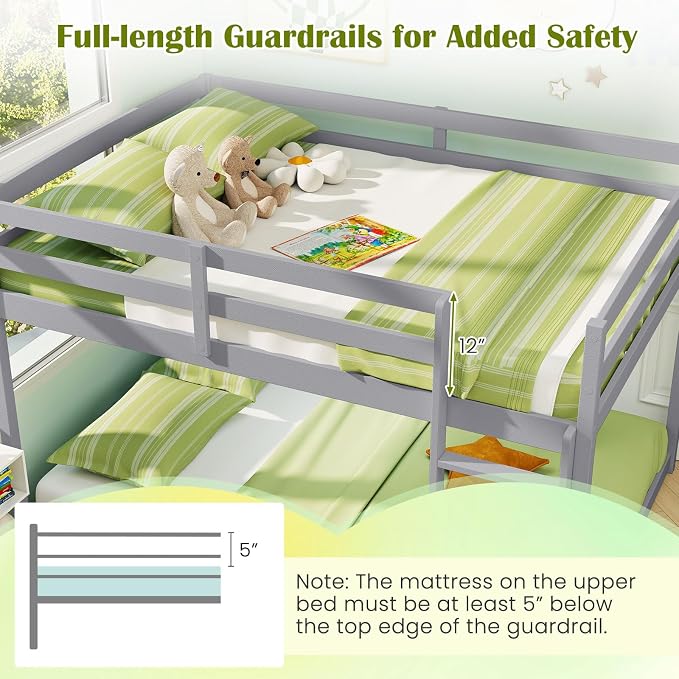 Giantex Full Over Full Bunk Bed, Solid Wood Kids Bunk Bed with Full-Length Guardrails, Integrated Ladder & Anti-Tippling Kits, Low Bunk Beds with Slats Support for Kids, Teens, Grey