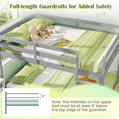 Giantex Full Over Full Bunk Bed, Solid Wood Kids Bunk Bed with Full-Length Guardrails, Integrated Ladder & Anti-Tippling Kits, Low Bunk Beds with Slats Support for Kids, Teens, Grey