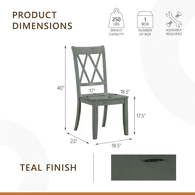 Lexicon Janina Dining Room Chairs Set of 2, Modern Farmhouse Dining Chairs Set of 2, Solid Wood, X Cross Back, for Traditional Modern Ranch Style Kitchen, Armless, Easy Assembly, Teal