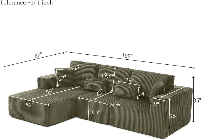 L Shaped Modular Boneless Sectional Couches for Living Room, Wide Armrest, Deep Seat, Memory Foam, Assembly Free, Modern Comfy Corduroy Fluffy Cloud Sofa with Left Chaise, Green
