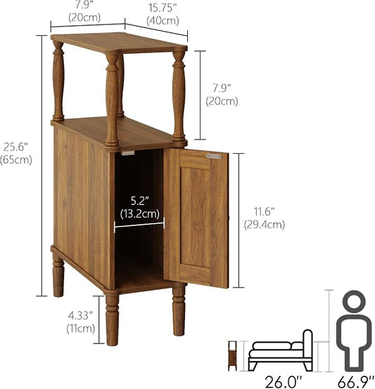 Veegle Narrow Nightstand,Skinny End Side Table (Walnut Brown) | Mid-Century Modern Night stand with Storage,Bedside Table for Bedroom and Living Room