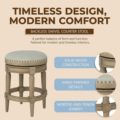 ROME + OAK Runyan 26" Swivel Counter Stool, Rotating Backless Barstool in Reclaimed Oak with Ash Grey Fabric Seat - for Kitchens or Dining Rooms