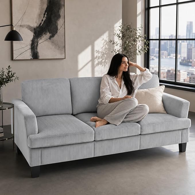 Modern 3 Seater Sofa for Living Room with Soft Deep Seats, Sofa 3 Seater in Linen, Upholstered Apartment Sofa with Armrests, Comfy Cozy Sofas for Bedroom (Corduroy, Light Grey)