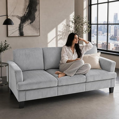 Modern 3 Seater Sofa for Living Room with Soft Deep Seats, Sofa 3 Seater in Linen, Upholstered Apartment Sofa with Armrests, Comfy Cozy Sofas for Bedroom (Corduroy, Light Grey)