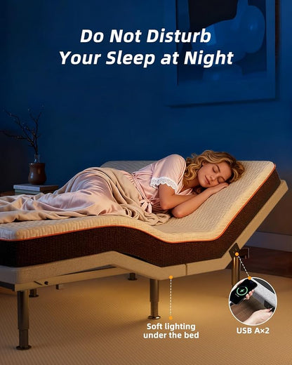 Electric Queen Adjustable Bed Frame with Wireless Remote, Head Foot Incline, USB, Underbed Light - Heavy Duty Platform, Easy Assembly, Zero Gravity - Bedframe Basic with Quiet Motor
