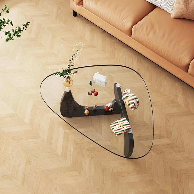 Coffee Tables Glass Small Farmhouse Coffee Table Mid-Century Modern Wood Center Table for Living Room, Black Transparent, 32 Inch