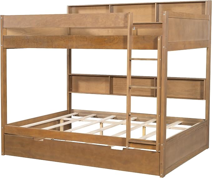 Harper & Bright Designs Rustic Wood Bunk Bed with Pull-Out Trundle, Full Over Full Wooden Bunk Bed with Large Cabinet Beside Upper and Down Bed, Wood
