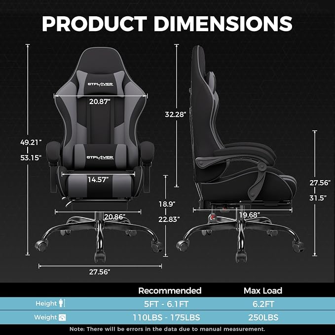 GTPLAYER Gaming Chair, Computer Chair with Footrest and Lumbar Support, Height Adjustable Game Chair with 360°-Swivel Seat and Headrest and for Office or Gaming (Darkgray, Fabric)