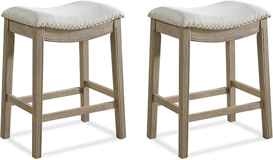 ROME + OAK Set of 2 Parker 26" Counter Stool, Backless Saddle Kitchen Barstool in Reclaimed Oak Finish with Ash Grey Fabric Upholstery Cushion Seat