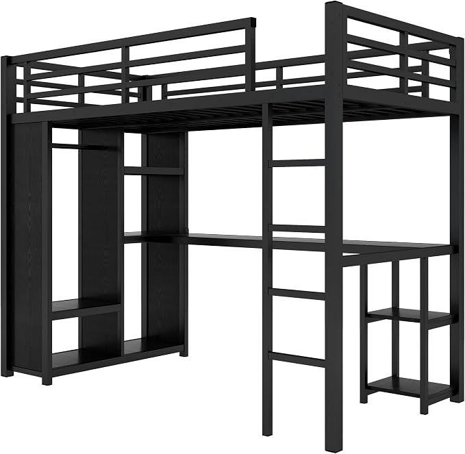 Bellemave Twin XL Loft Bed with Desk, Wardrobe, Metal Twin XL Loft Bed Frame for Adults, Kids, Teens, Black