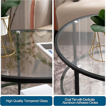 VINGLI Glass Coffee Table,30" Round Coffee Table Black Coffee Tables for Living Room, 2-Tier Clear Glass Top Side Table with Storage. Simple & Modern Center Table Mesa de Centro para Sala