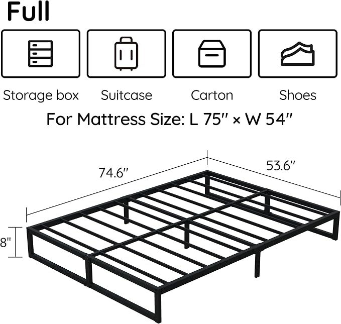 Richwanone 8 Inch Bed Frame Full Heavy Duty Metal Platform Bed, Black | Full Size Bed Frame, Mattress Foundation with Steel Slat Support, No Box Spring Needed, Easy Assembly