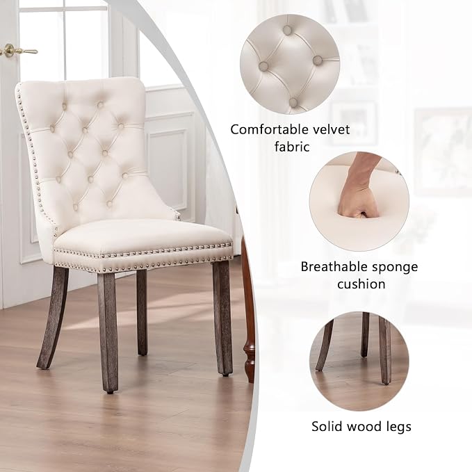 Hixkol Velvet Dining Chairs Set of 4,Upholstered Dining Chairs with Ring Pull Trim and Button Back,Modern Seating for Living Room, Bedroom, Kitchen (Beige)