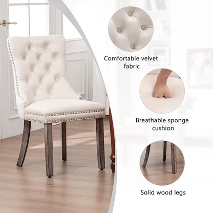 Hixkol Velvet Dining Chairs Set of 4,Upholstered Dining Chairs with Ring Pull Trim and Button Back,Modern Seating for Living Room, Bedroom, Kitchen (Beige)