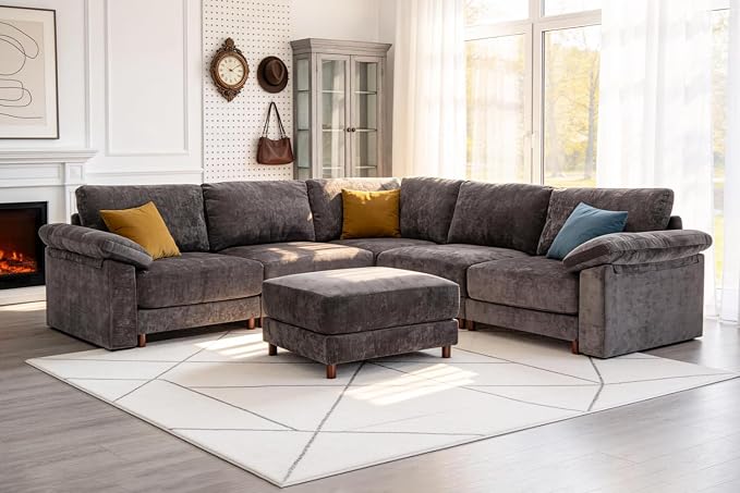 Oversized L Shaped Sectional Couch for Living Room, Extra Large Deep Seat Modular Sectional Sofa with Washable Covers, Modern Cloud Couch for Apartment, Bedroom (Gray, Corner V Shape 6 Seat)