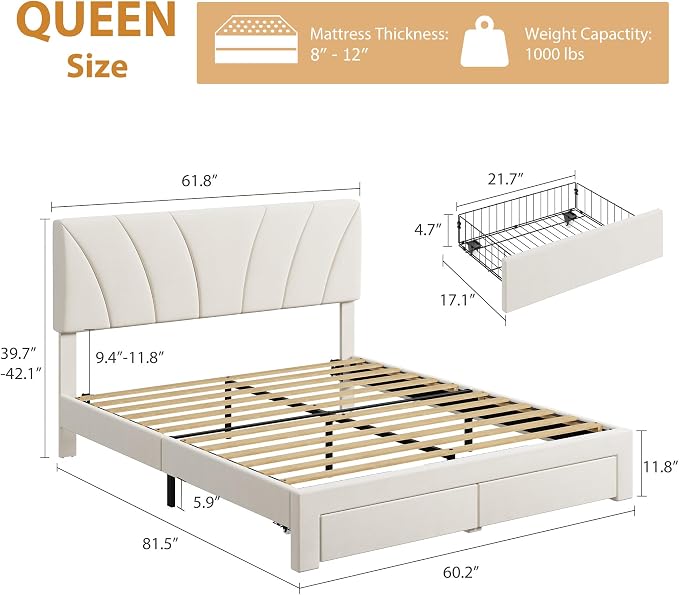 Garvee Queen Size Bed Frame with 2 Storage Drawers & Adjustable Headboard, Velvet Upholstered Platform Queen Bed Frame, Wooden Slats Support, No Box Spring Needed, Easy Assembly, Beige