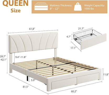 Garvee Queen Size Bed Frame with 2 Storage Drawers & Adjustable Headboard, Velvet Upholstered Platform Queen Bed Frame, Wooden Slats Support, No Box Spring Needed, Easy Assembly, Beige