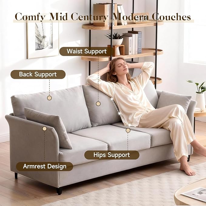 Mid Century Modern Sofa 3 Seat Couch 65.35" W Deep Seat Sofa for Living Room, 3 Person Seater Fabric Couch Sofa Comfy Sleeper Sofa for Apartment Bedroom