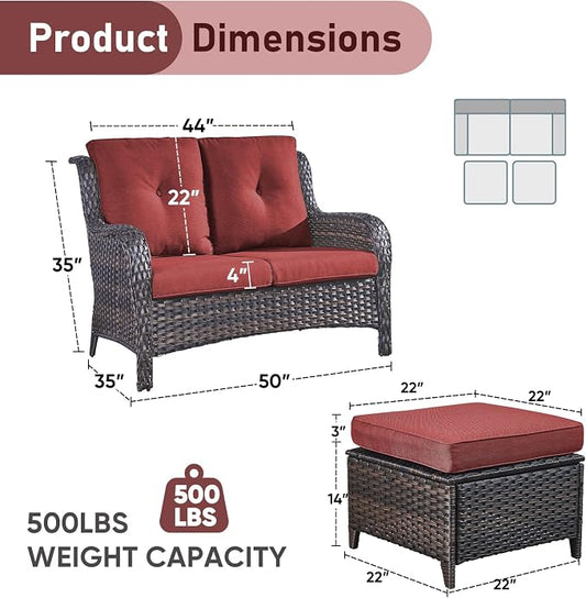Outdoor Loveseat Sofa - 3 Piece Patio Furniture with Ottoman Deep Seating Patio Couch for Porch Deck Garden Backyard - Brown/Red