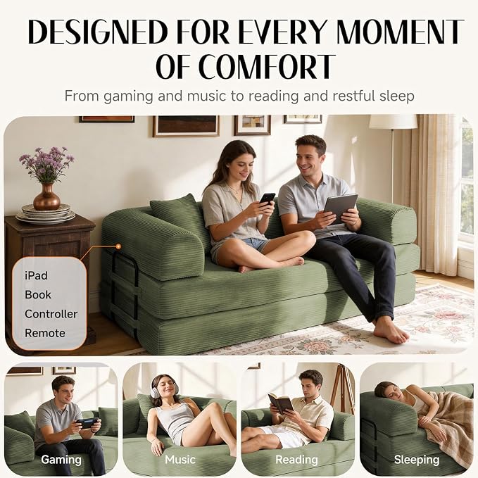 79'' Convertible Sofa Bed, Boneless Couch-in-a-Box, Corduroy Floor Futon Loveseat Sleeper, 26'' Deep Seat, Removable Machine-Wash Covers, No Assembly, 2 Pillows, Olive Green