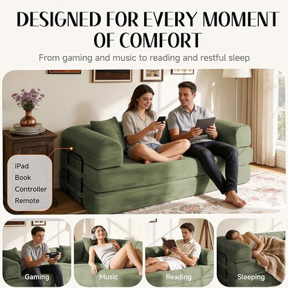 79'' Convertible Sofa Bed, Boneless Couch-in-a-Box, Corduroy Floor Futon Loveseat Sleeper, 26'' Deep Seat, Removable Machine-Wash Covers, No Assembly, 2 Pillows, Olive Green