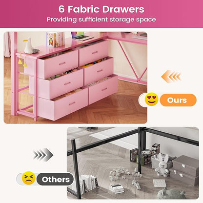 Itaar Full Size Loft Bed with Desk and Storage Stairs, Metal Loft Bed with 6 Storage Drawers, Hall Tree, LED Lights and Power Outlet, for Kids, Teens, Adults, Pink