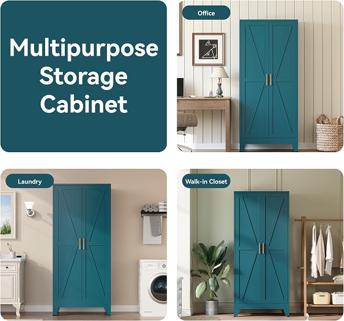 COFaR Metal Armoire Wardrobe Closet with Doors and Shelves & Hanging Rod, 71" Tall Freestanding Wardrobe Storage Cabinet, Bedroom Armoires,Steel Wardrobe Cabinet for Cloak Room,Laundry Room,Gym,Green