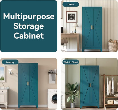 COFaR Metal Armoire Wardrobe Closet with Doors and Shelves & Hanging Rod, 71" Tall Freestanding Wardrobe Storage Cabinet, Bedroom Armoires,Steel Wardrobe Cabinet for Cloak Room,Laundry Room,Gym,Green