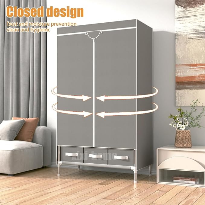 Portable Wardrobe Closet,Foldable Clothes Organizer with 3 Storage Box 35in Simple Non-Woven Fabric Wardrobe Multi-Functional Storage Cabinet with Cover and Hanging Rod-Khaki