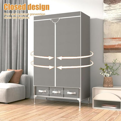 Portable Wardrobe Closet,Foldable Clothes Organizer with 3 Storage Box 35in Simple Non-Woven Fabric Wardrobe Multi-Functional Storage Cabinet with Cover and Hanging Rod-Khaki