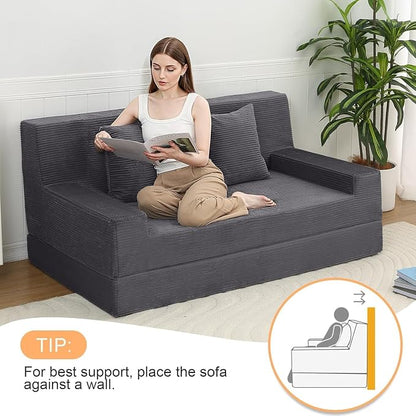 MeMoreCool Folding Futon Couch Queen – Boneless Corduroy Sofa Bed, Convertible Foam Floor Lounger with Pillow & Washable Cover, Foldable Sleeper for Living Room, Bedroom, Guest Space