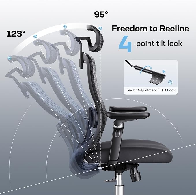 Marsail Ergonomic Office Chair with 6D Armrests, Ergonomic Chair with 3D Adjustable Headrest, Slide Seat, Lumbar Support, and 4-Position Tilt Lock – Big and Tall Office Chair with 330 lbs Capacity