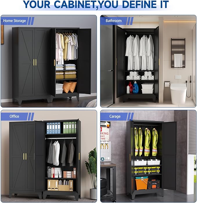 71" Heavy Duty Steel Armoire Wardrobe Closet, Black Metal Clothing Storage Cabinet with 2 Magnetic Doors & Adjustable Shelves, Waterproof Hanging Rod Cabinet