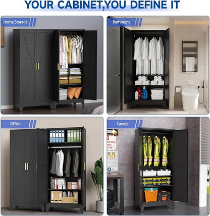 71" Heavy Duty Steel Armoire Wardrobe Closet, Black Metal Clothing Storage Cabinet with 2 Magnetic Doors & Adjustable Shelves, Waterproof Hanging Rod Cabinet