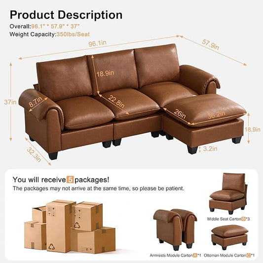 96" Faux Leather Modular Sectional Sofa with Movable Ottoman, Oversized 3 Seater Couch with Curved Armrests, Cloud Modern L-Shaped Sofa Deep Seat for Living Room, Brown