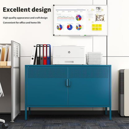 Blue Metal Storage Cabinet with 2 Doors - 25''H TV Stand, 2 Tier Locker with Adjustable Shelves,Multipurpose TV Cabinet for Office, Home, Living Room, Kitchen